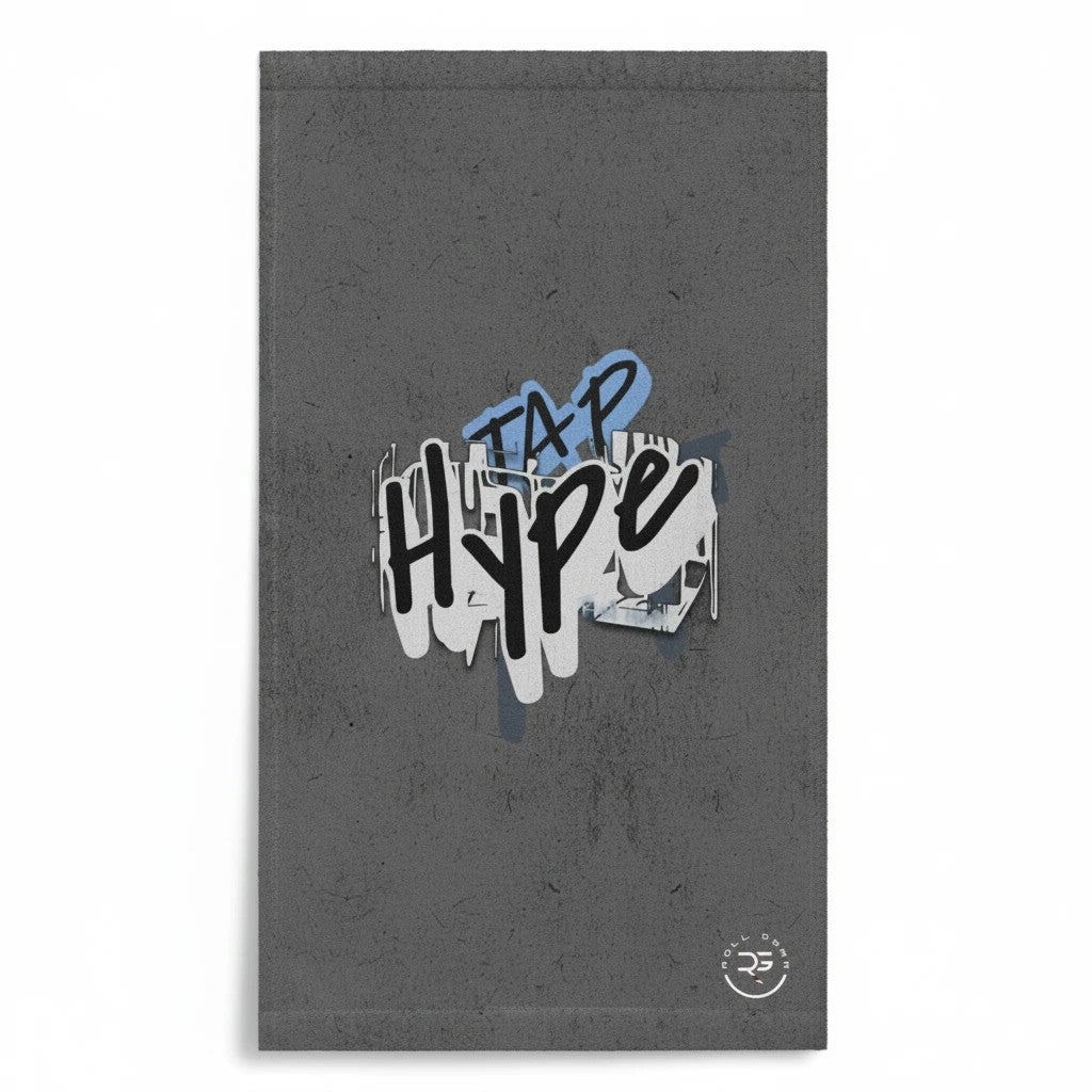 Roll Gear HYPE training towel with graffiti print on grey background, 52% polyester, 48% cotton.