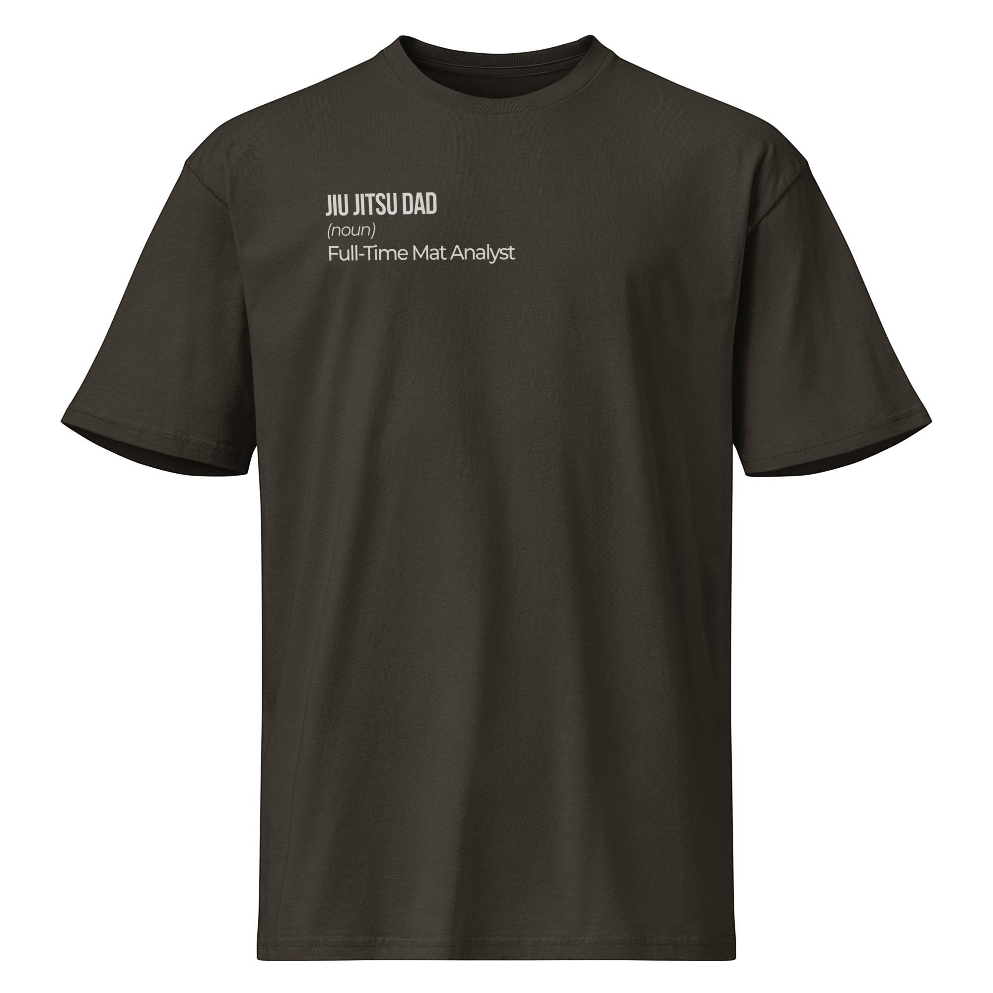 Black heavyweight tee, close front view of the cream Jiu Jitsu Dad definition lettering.