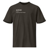 Black heavyweight tee, close front view of the cream Jiu Jitsu Dad definition lettering.