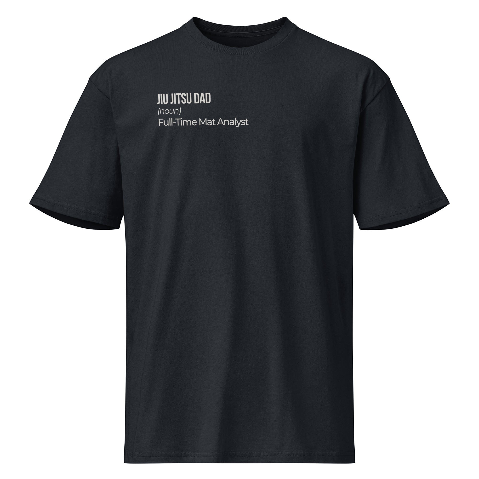 Black heavyweight tee, flat front view showing the relaxed body and cream chest lettering.