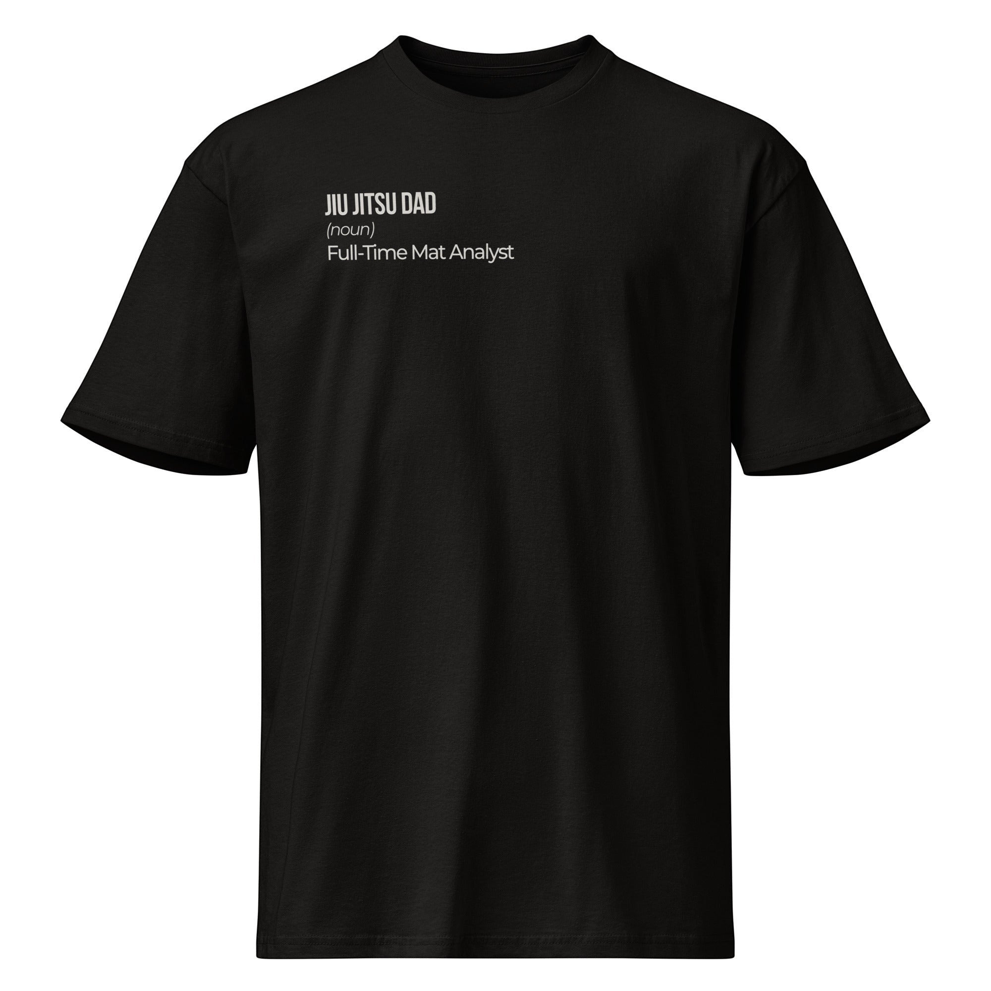 Black heavyweight tee, second flat front view showing the drop shoulder cut and chest print placement.