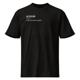 Black heavyweight tee, second flat front view showing the drop shoulder cut and chest print placement.
