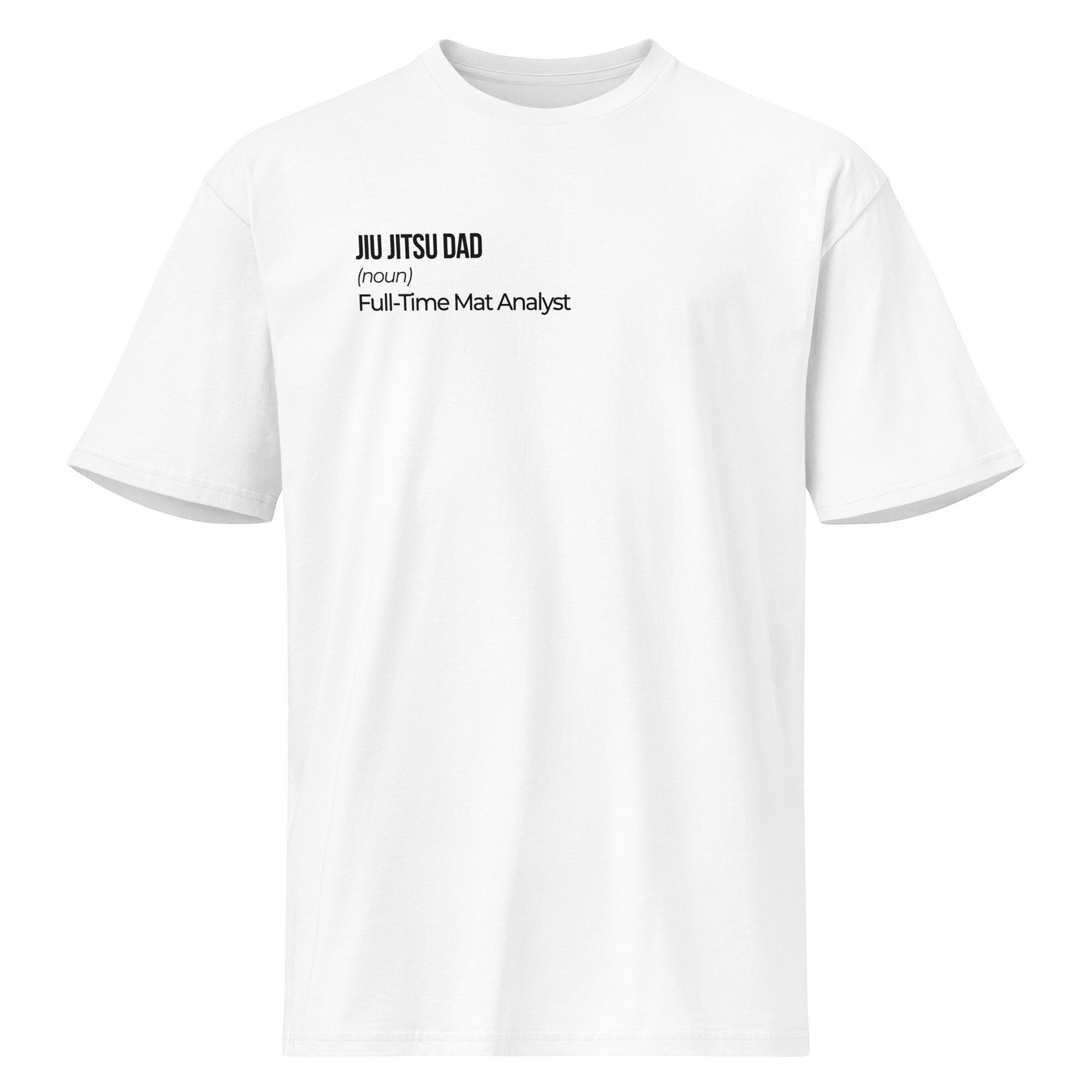 White heavyweight cotton tee, flat front view with the Full-Time Mat Analyst chest print.