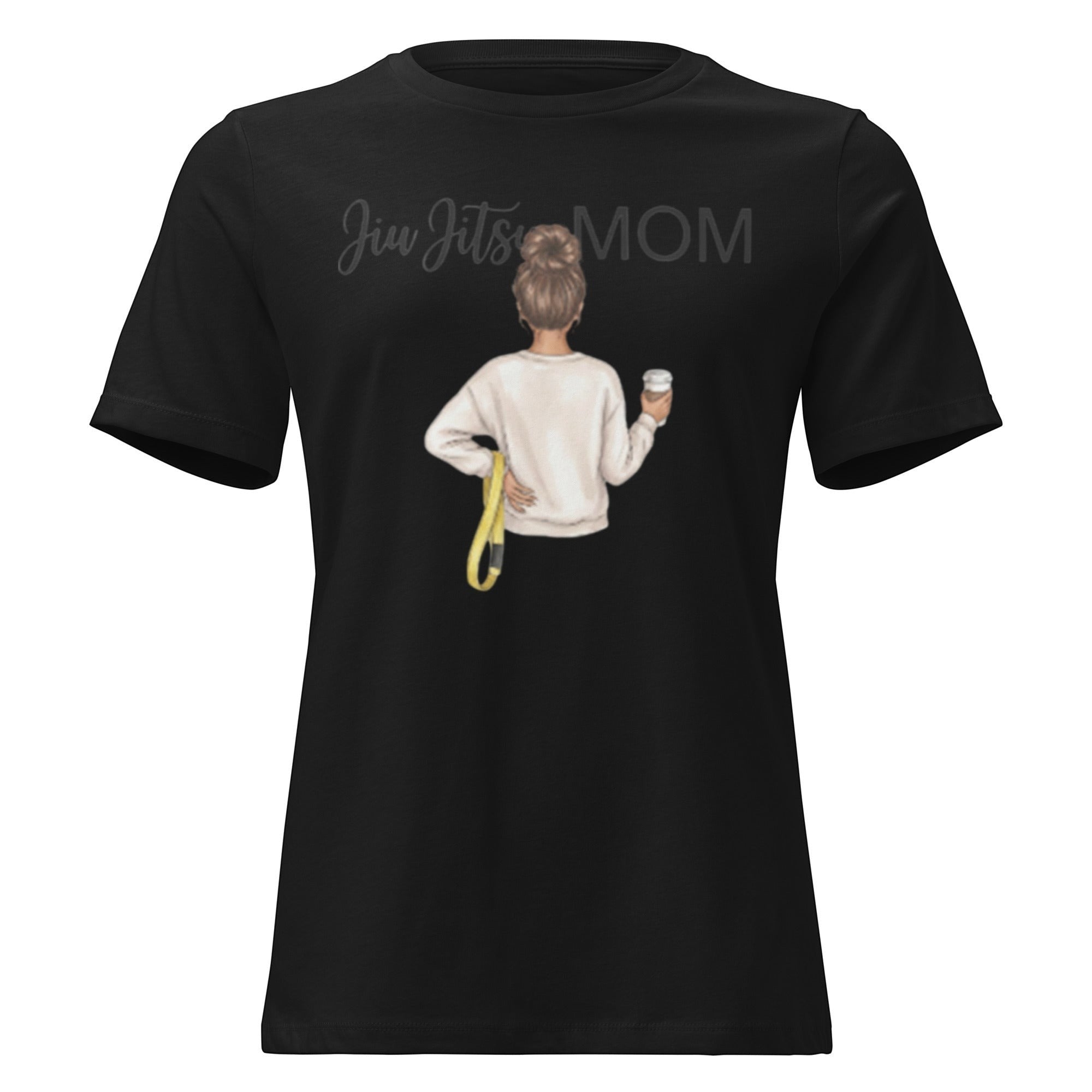 Roll Gear Jiu Jitsu Mom graphic tee, black, 100% cotton, relaxed fit, crew neck, featuring illustration of woman with coffee.