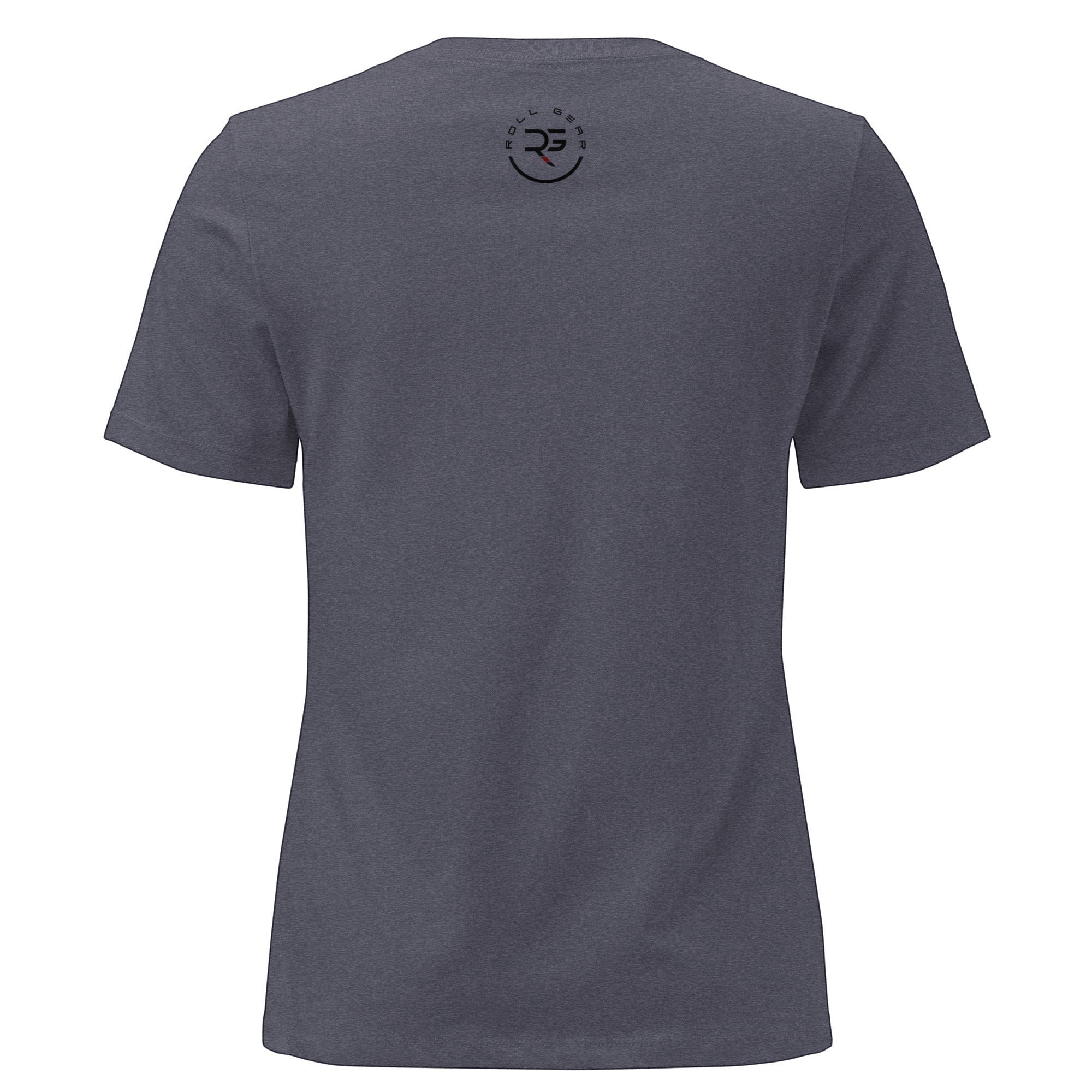 Roll Gear women's relaxed fit dark heather grey crew neck t-shirt with graphic logo on back.