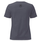 Roll Gear women's relaxed fit dark heather grey crew neck t-shirt with graphic logo on back.