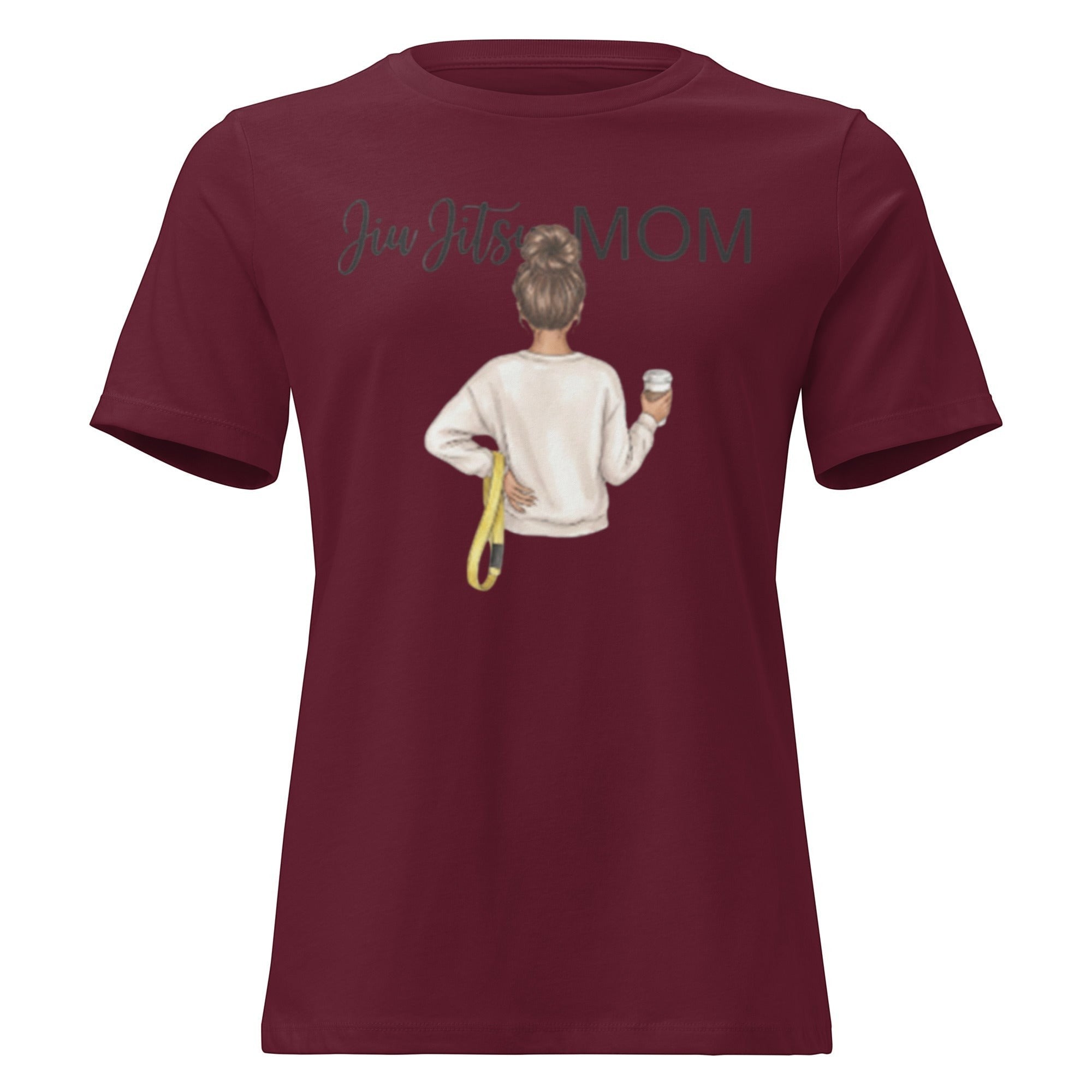 Roll Gear Jiu Jitsu Mom graphic tee in maroon, 100% cotton, relaxed fit, crew neck.