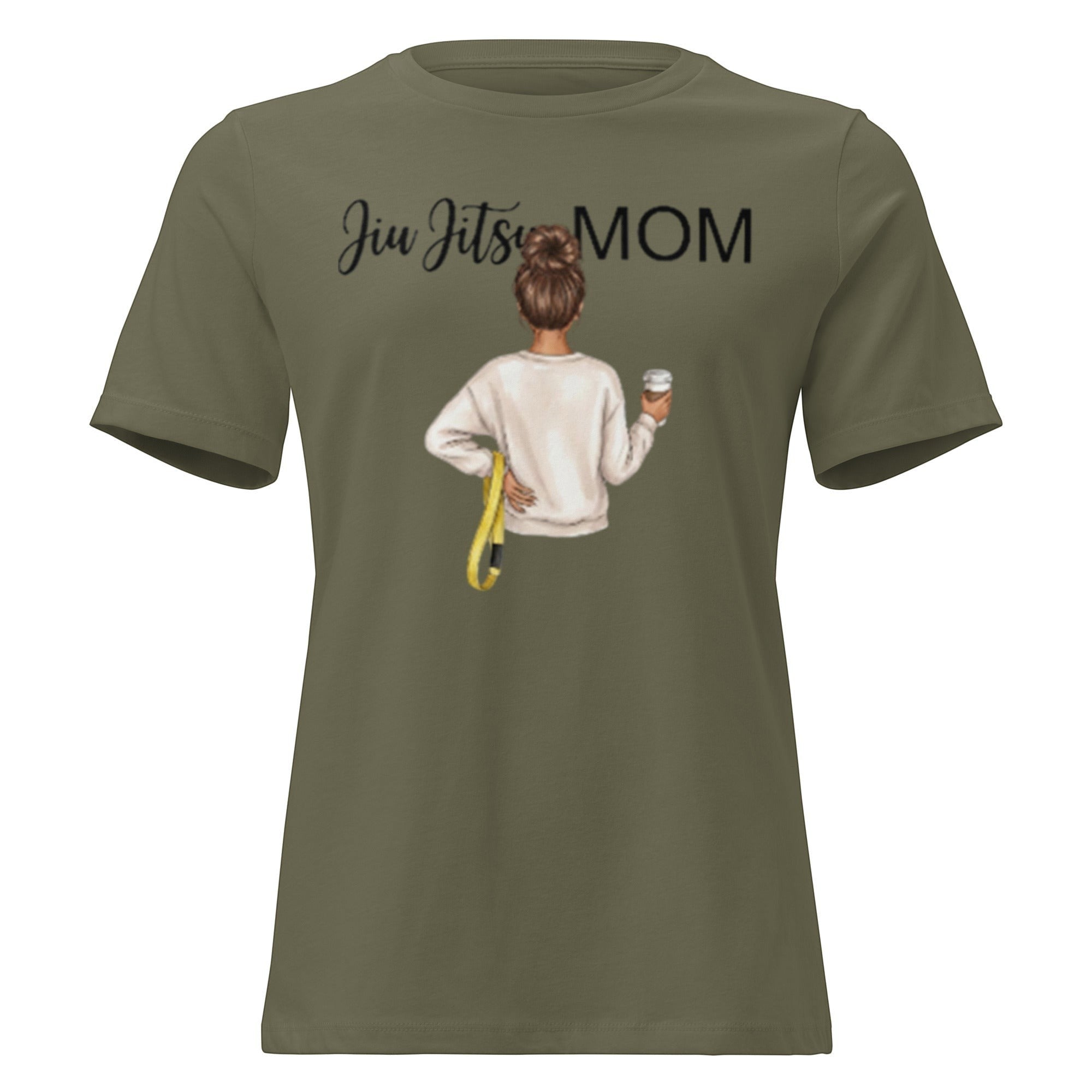 Roll Gear Jiu Jitsu Mom graphic tee in olive green. Features a graphic of a woman with her hair in a bun, holding a coffee cup and a yellow belt.