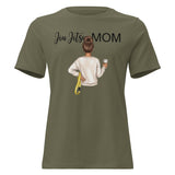 Roll Gear Jiu Jitsu Mom graphic tee in olive green. Features a graphic of a woman with her hair in a bun, holding a coffee cup and a yellow belt.