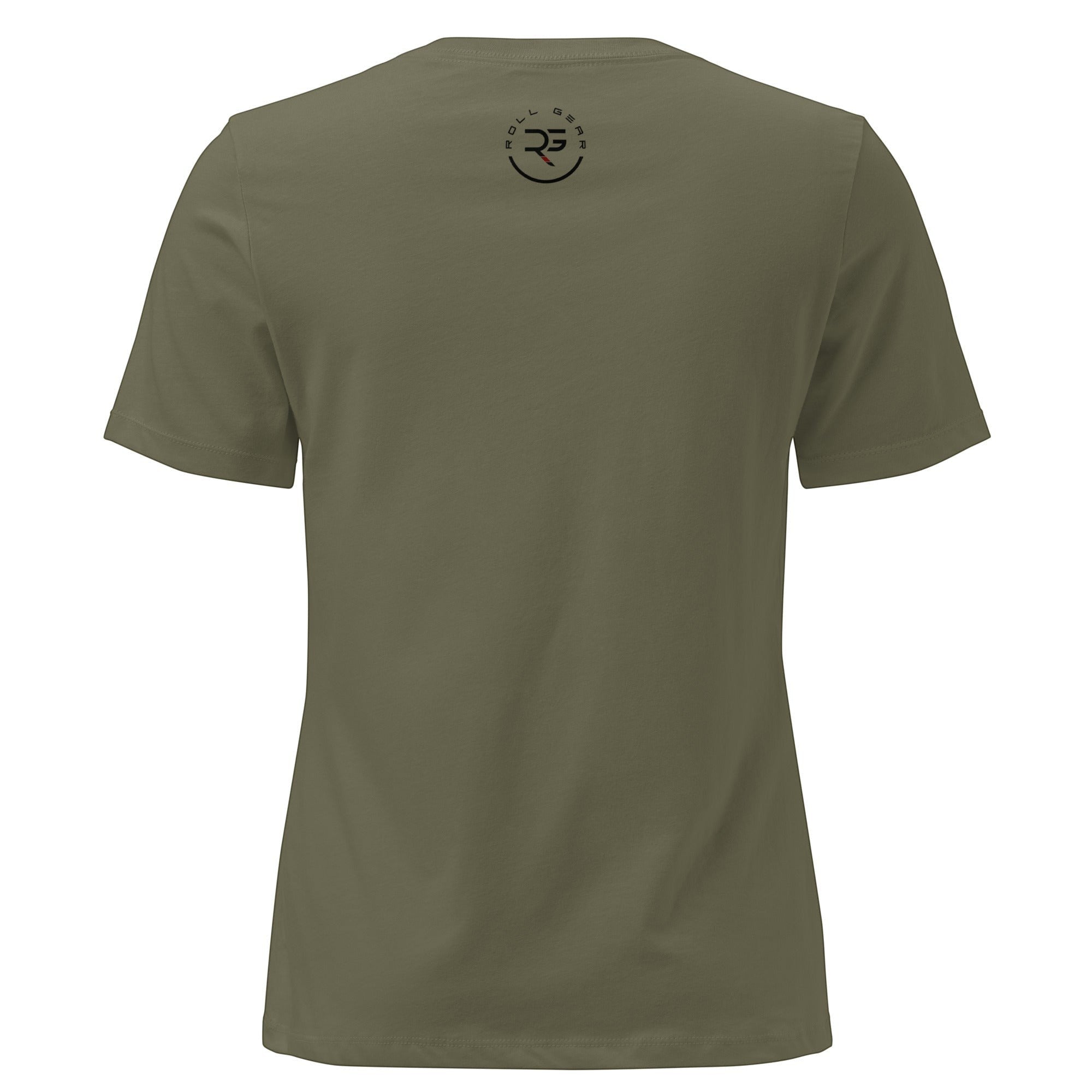 Roll Gear olive green 100% cotton relaxed fit women's Jiu Jitsu Mom tee with crew neck and short sleeves.