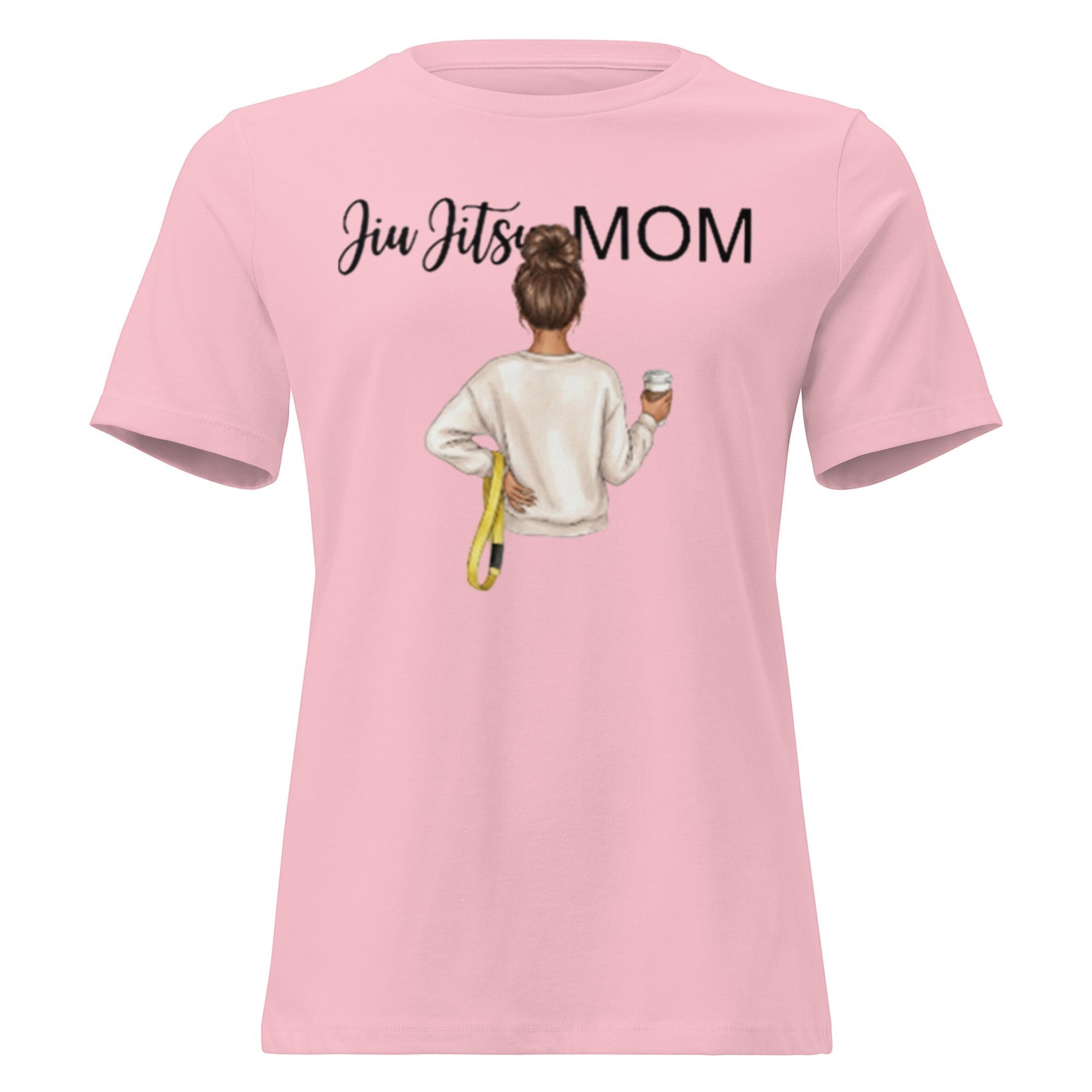 Roll Gear pink cotton t-shirt with "Jiu Jitsu Mom" graphic of woman holding coffee and belt.