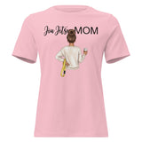 Roll Gear pink cotton t-shirt with "Jiu Jitsu Mom" graphic of woman holding coffee and belt.