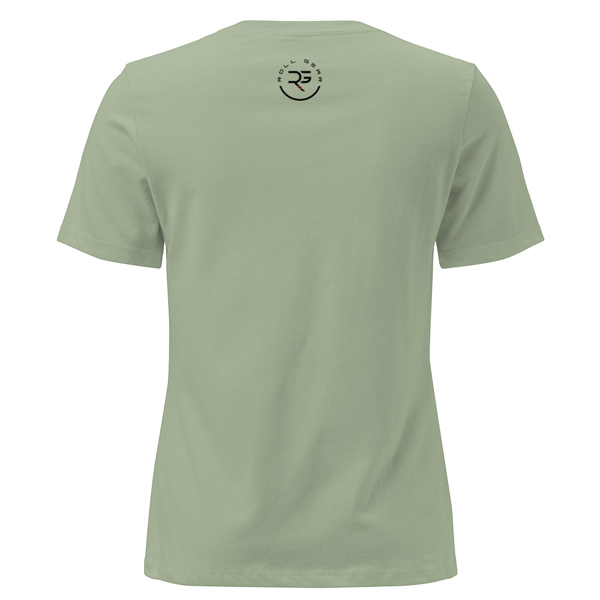 Roll Gear women's relaxed fit crew neck t-shirt in sage green, 100% cotton, featuring a small graphic logo on the back.