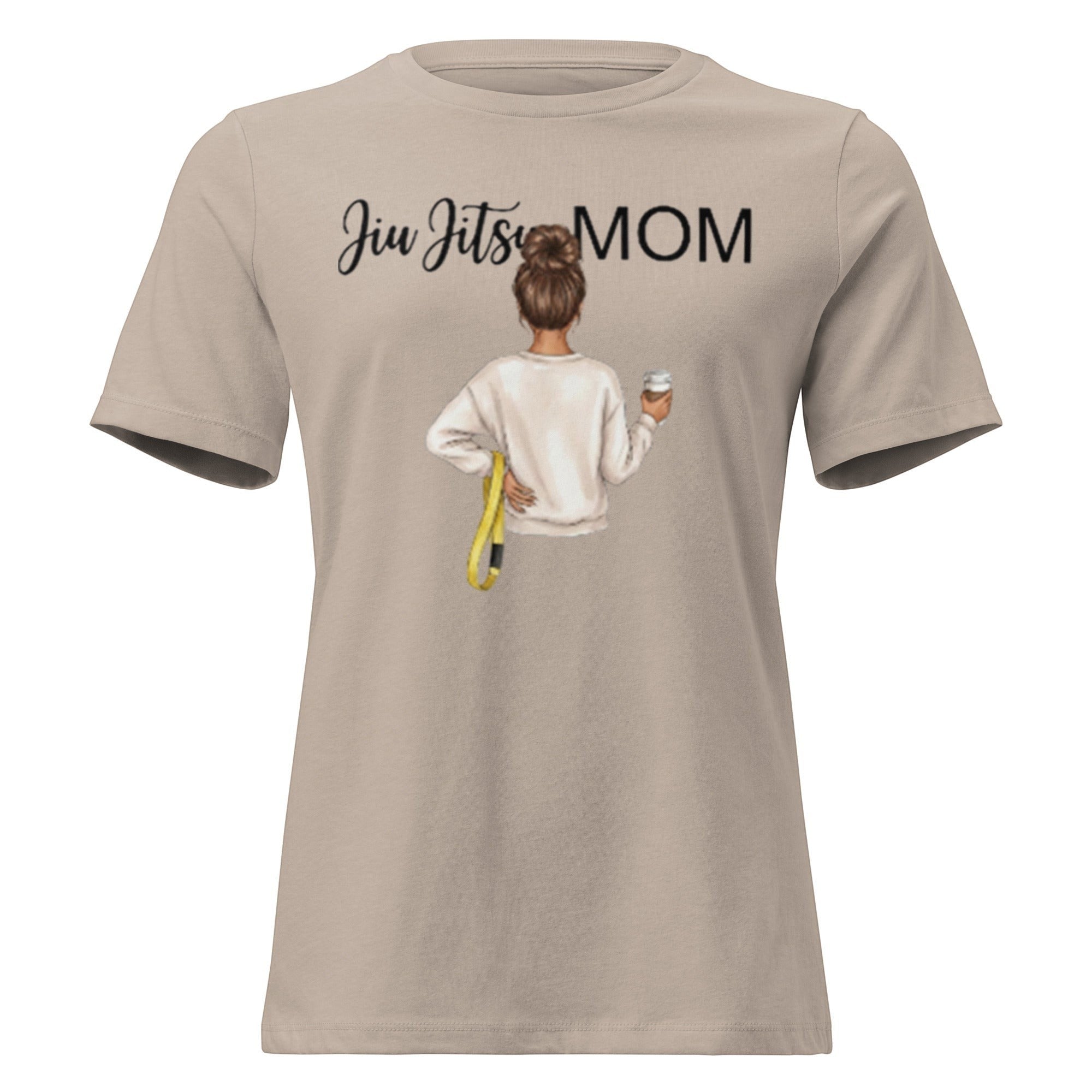 Roll Gear Jiu Jitsu Mom graphic tee in tan, 100% cotton, relaxed fit, crew neck, with a coffee cup and belt.