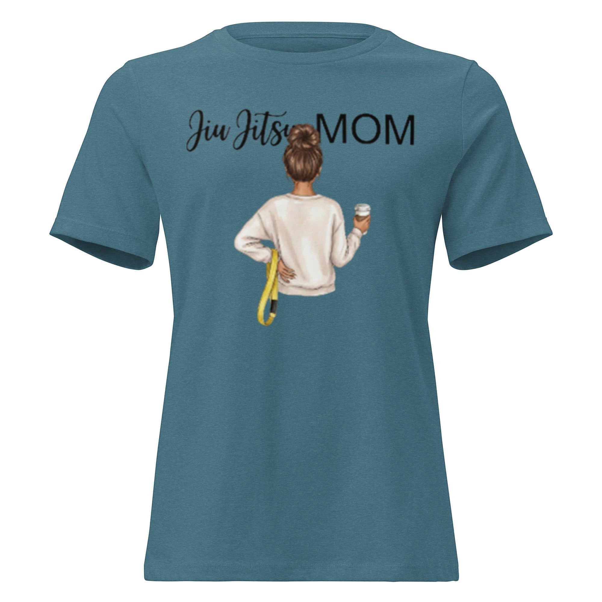 Roll Gear Jiu Jitsu Mom graphic tee in teal, featuring a woman with a coffee and a yellow belt.