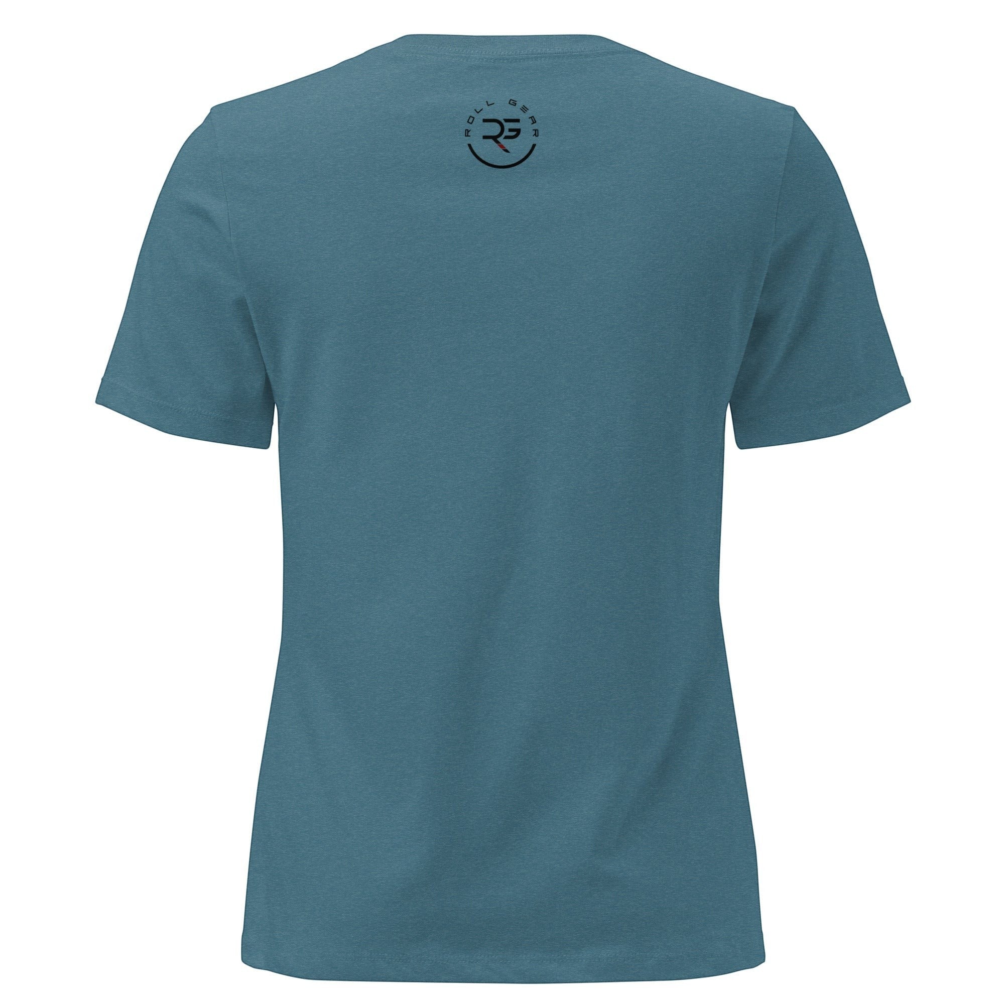 Roll Gear women's relaxed fit teal crew neck t-shirt with a small circular logo on the back.