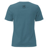 Roll Gear women's relaxed fit teal crew neck t-shirt with a small circular logo on the back.