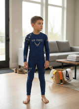 Roll Gear navy blue compression spats for kids with Air Force graphics, polyester and spandex blend, ideal for martial arts.