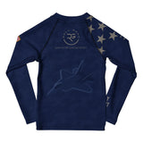 Roll Gear Kids Air Force blue long sleeve rash guard with jet graphic and stars on sleeve. Made from recycled polyester and elastane.