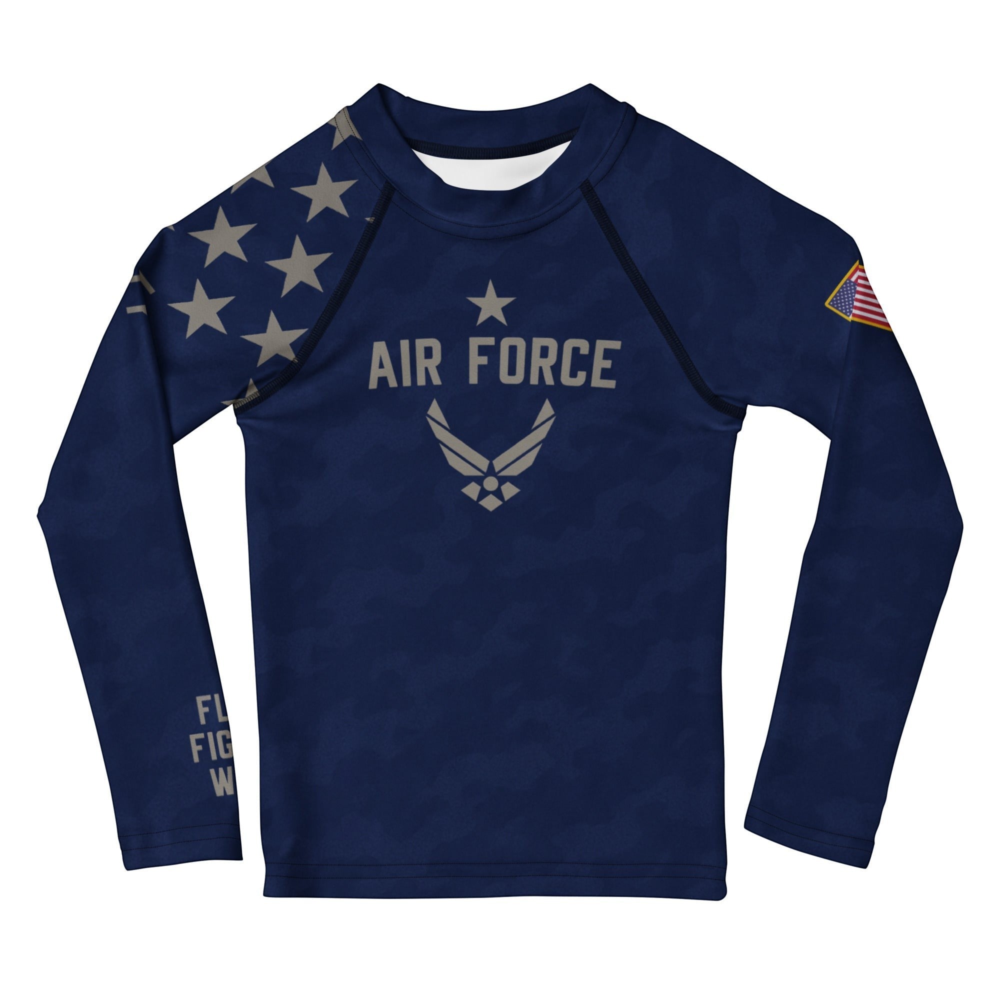 Roll Gear Kids Air Force long sleeve rash guard in navy blue with Air Force graphics, stars, and US flag patch. Made from recycled polyester and elastane.