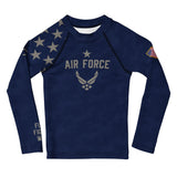 Roll Gear Kids Air Force long sleeve rash guard in navy blue with Air Force graphics, stars, and US flag patch. Made from recycled polyester and elastane.