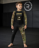 Roll Gear Kids Army Long Sleeve Rash Guard with black body, Multicam sleeves, and U.S. Army insignia. Performance fabric for BJJ, wrestling, MMA.