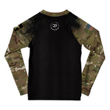Roll Gear Kids Army Long Sleeve Rash Guard with black body, Multicam sleeves, and US flag patch. Performance fabric for BJJ, wrestling, MMA.