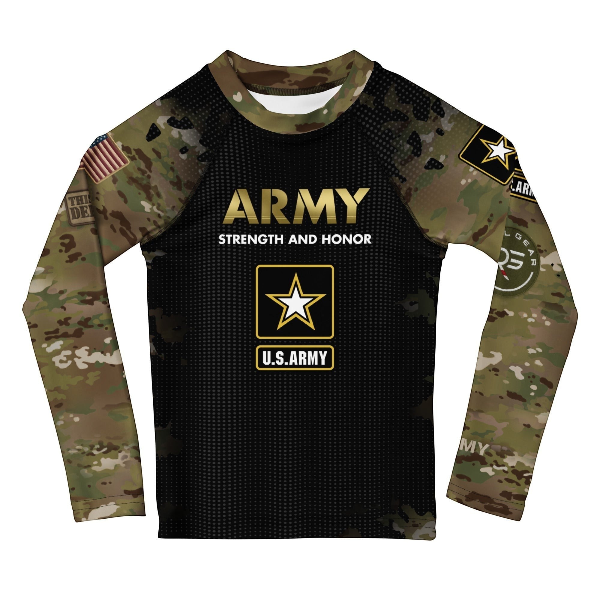 Roll Gear Kids Army Long Sleeve Rash Guard, flat front view, Army Strength and Honor chest graphic.