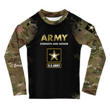 Roll Gear Kids Army Long Sleeve Rash Guard, flat front view, Army Strength and Honor chest graphic.