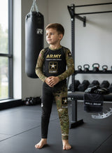 Roll Gear Kids Army Long Sleeve Rash Guard with black body, Multicam sleeves, and U.S. Army insignia. Designed for BJJ, wrestling, and MMA.