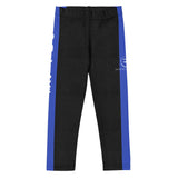 Roll Gear kids black compression spats with blue line panels and athletic fit. Made of polyester and spandex.
