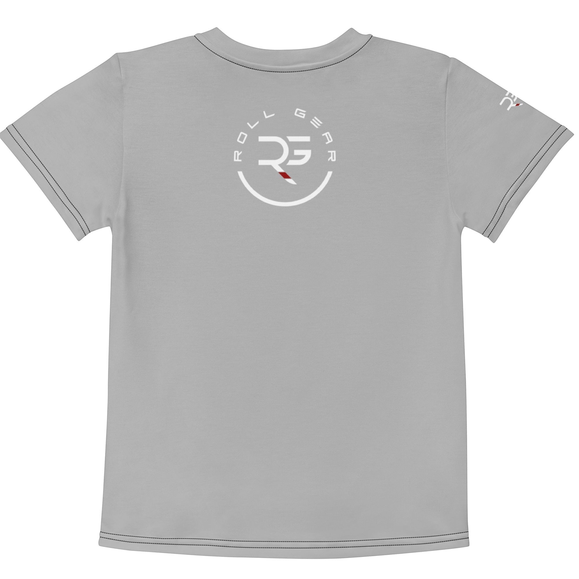 Roll Gear kids grey t-shirt with circular logo on back and text on sleeve. Lightweight, breathable fabric.