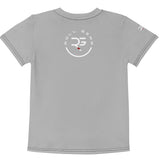 Roll Gear kids grey t-shirt with circular logo on back and text on sleeve. Lightweight, breathable fabric.