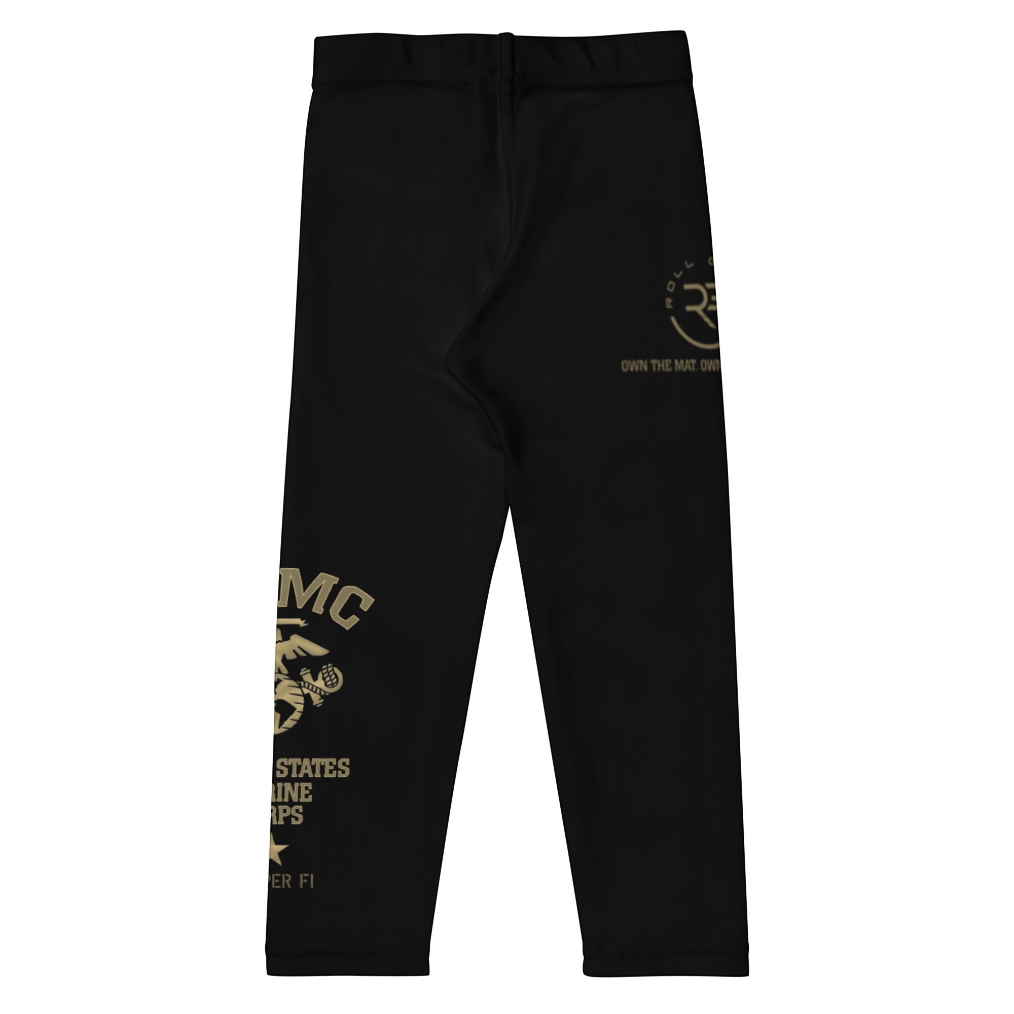 Roll Gear Kids Marines “Gold” Compression Spats – Black & Gold USMC, flat front view, USMC leg graphic.
