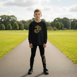 Roll Gear Kids Marines “Gold” compression spats in black with gold USMC graphics. Four-way stretch polyester/spandex for athletic performance.
