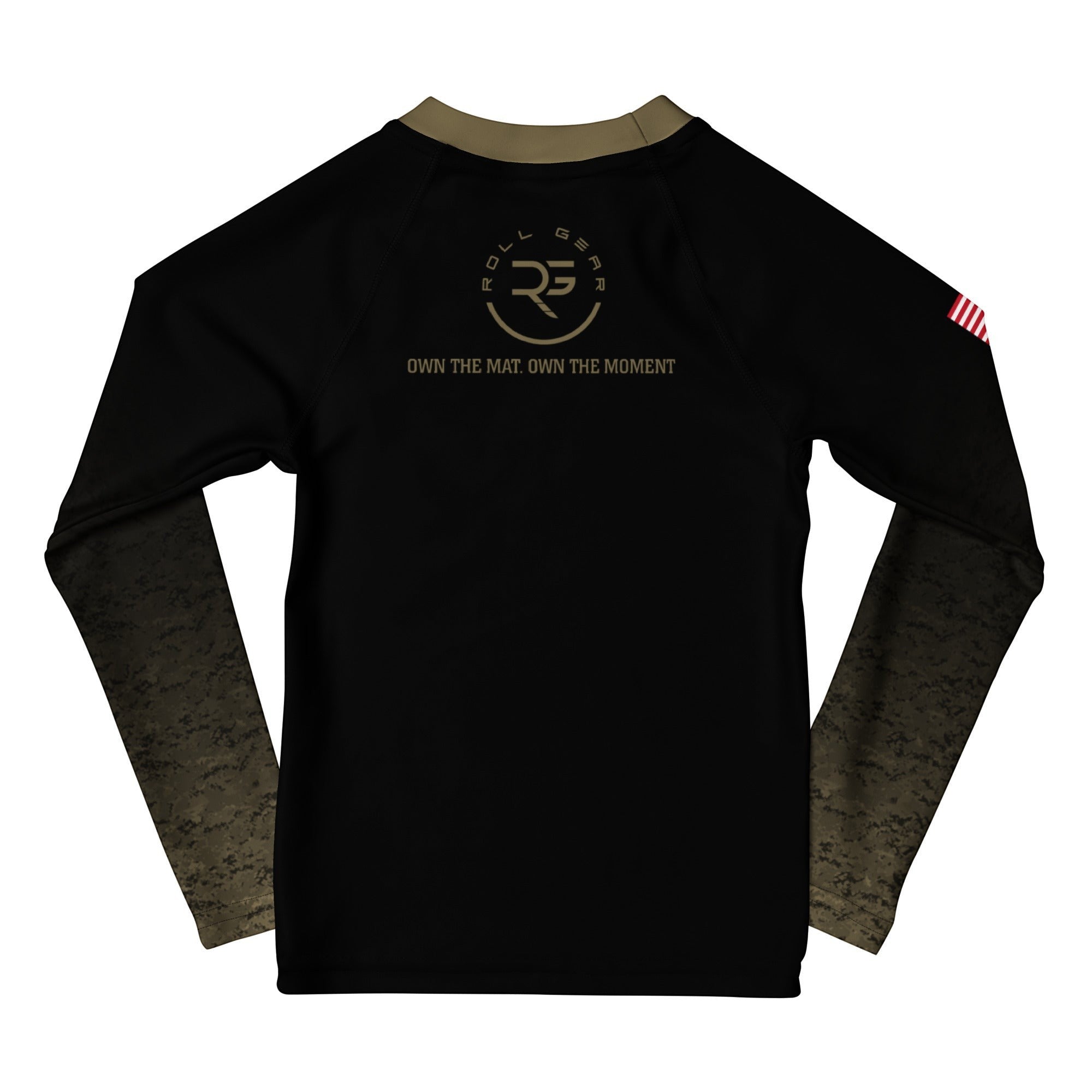 Roll Gear Kids Marines “Gold” Military Rash Guard – Black & Faded Gold, flat back view, Roll Gear emblem.