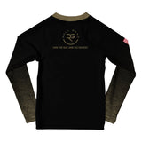 Roll Gear Kids Marines Gold military rash guard, black body with faded gold sleeves and USMC emblem. Long sleeve compression fit.