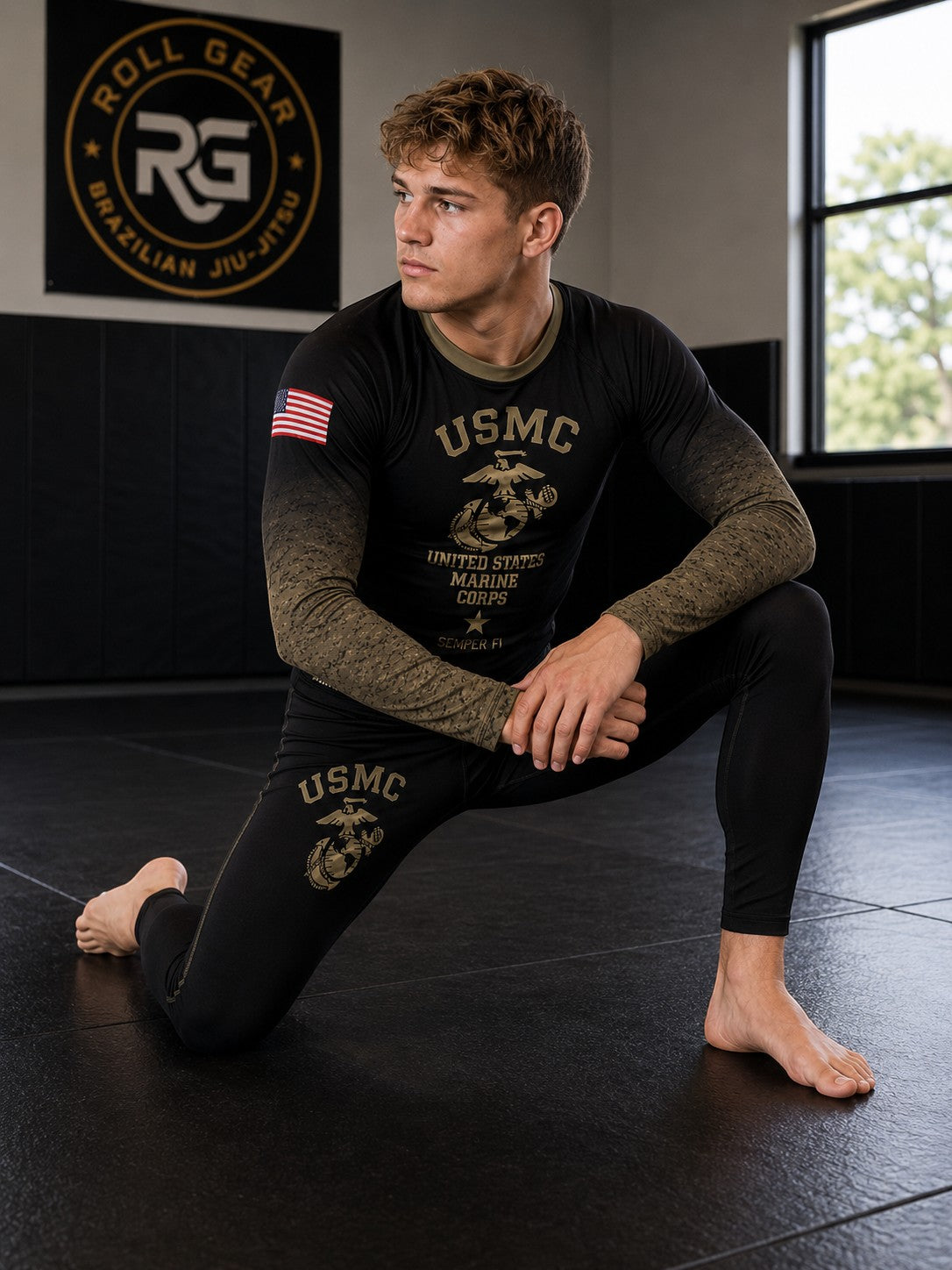 Roll Gear Kids Marines “Gold” Military Rash Guard – Black & Faded Gold, young athlete kneeling with matching spats.
