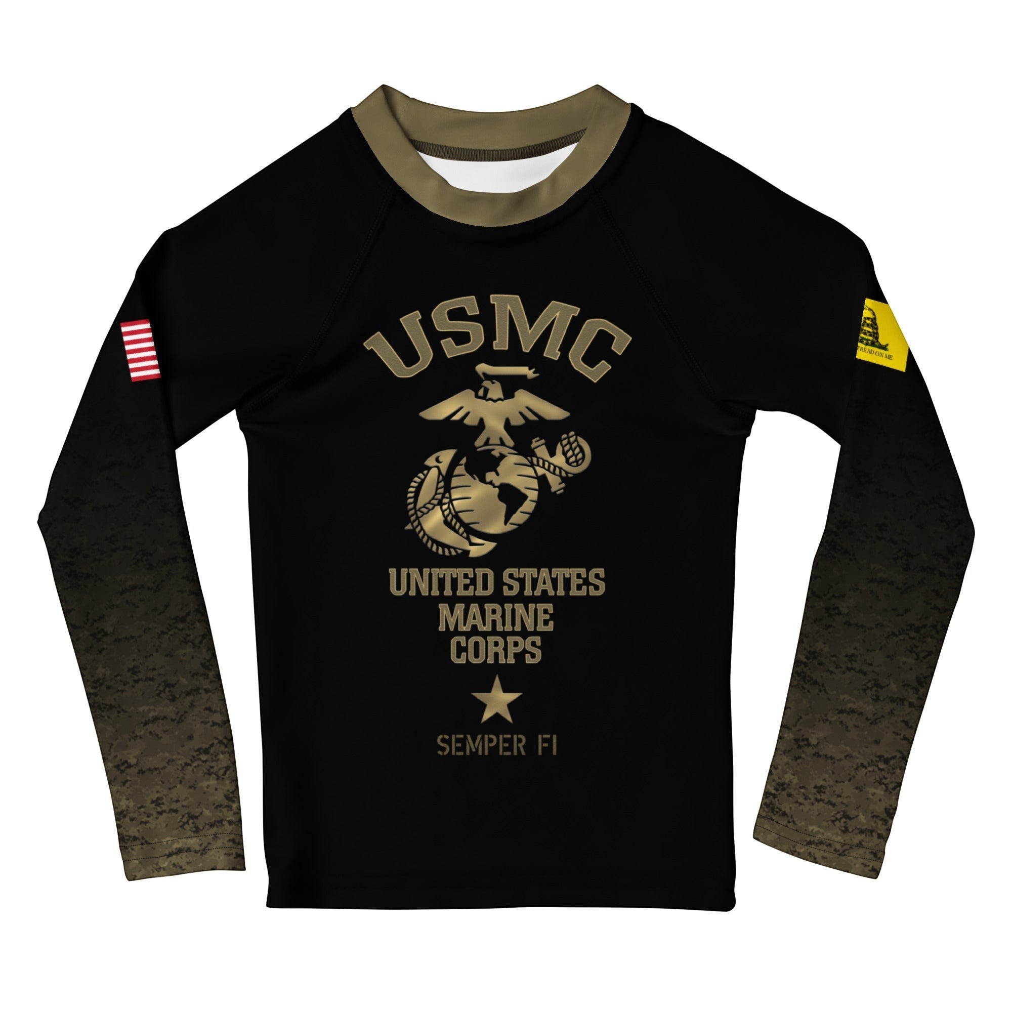 Roll Gear Kids Marines “Gold” Military Rash Guard – Black & Faded Gold, flat front view, USMC emblem and Semper Fi.