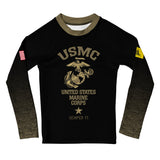 Roll Gear Kids Marines “Gold” military rash guard in black with faded gold sleeves and USMC emblem. Long sleeve, compression fit.
