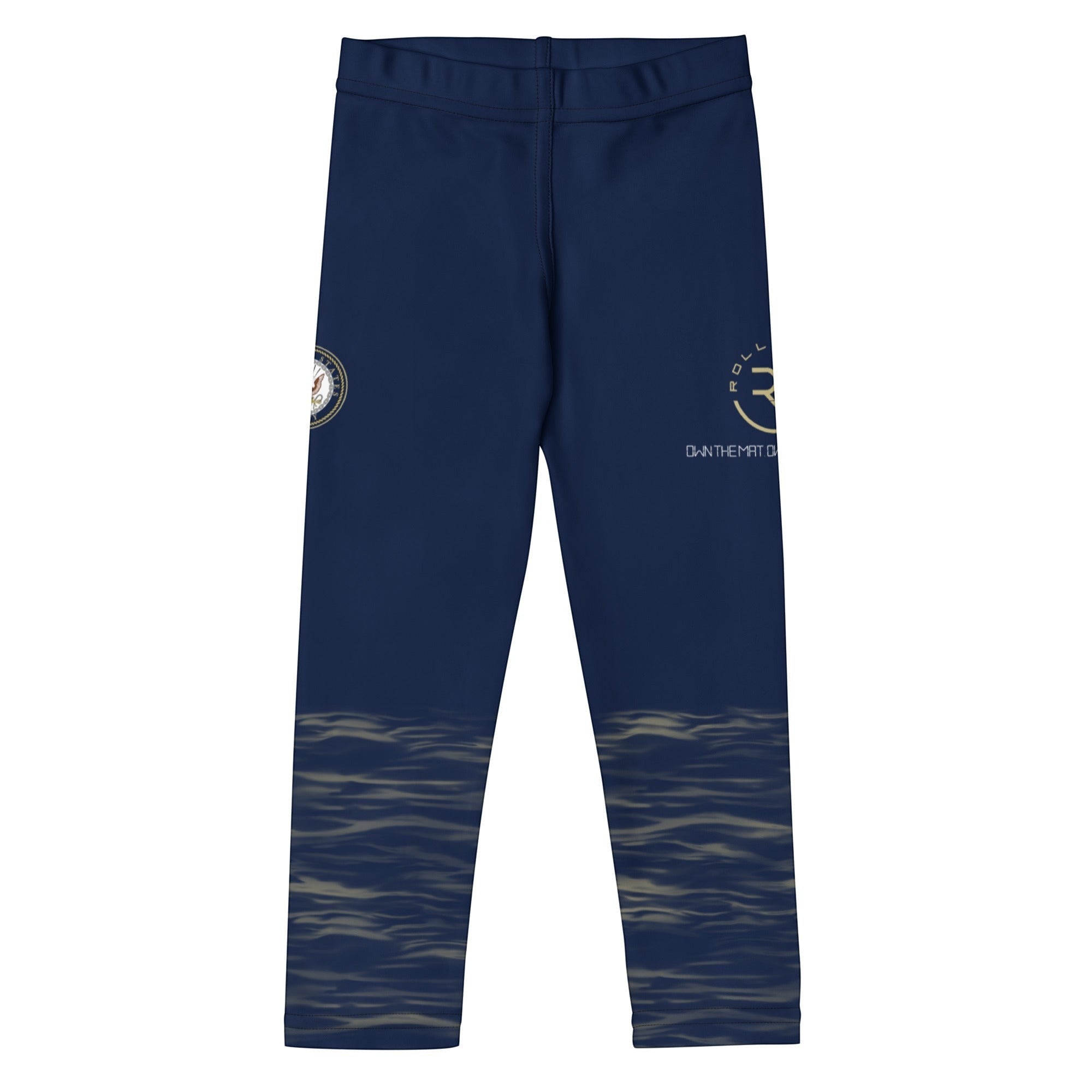 Roll Gear kids navy compression spats with ocean camo detail. Made from polyester and spandex for four-way stretch.
