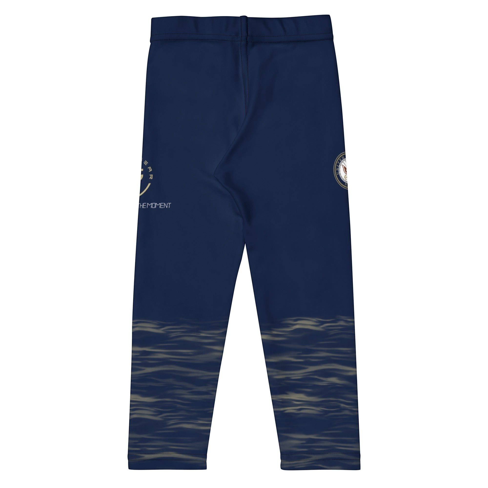 Roll Gear kids navy compression spats with ocean camo print and military insignia. Made of polyester and spandex.