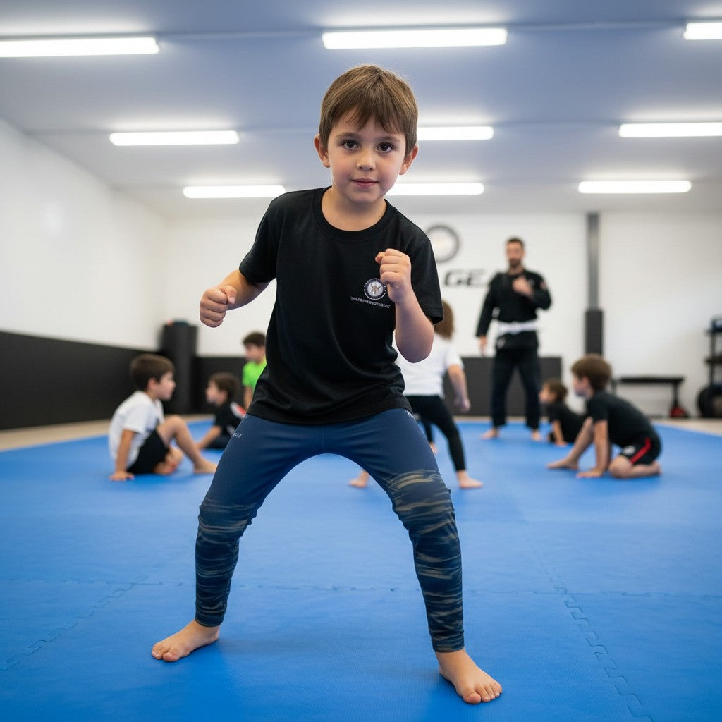 Roll Gear Kids Navy Compression Spats in deep navy blue with ocean camo fade on lower legs. Made of polyester and spandex.