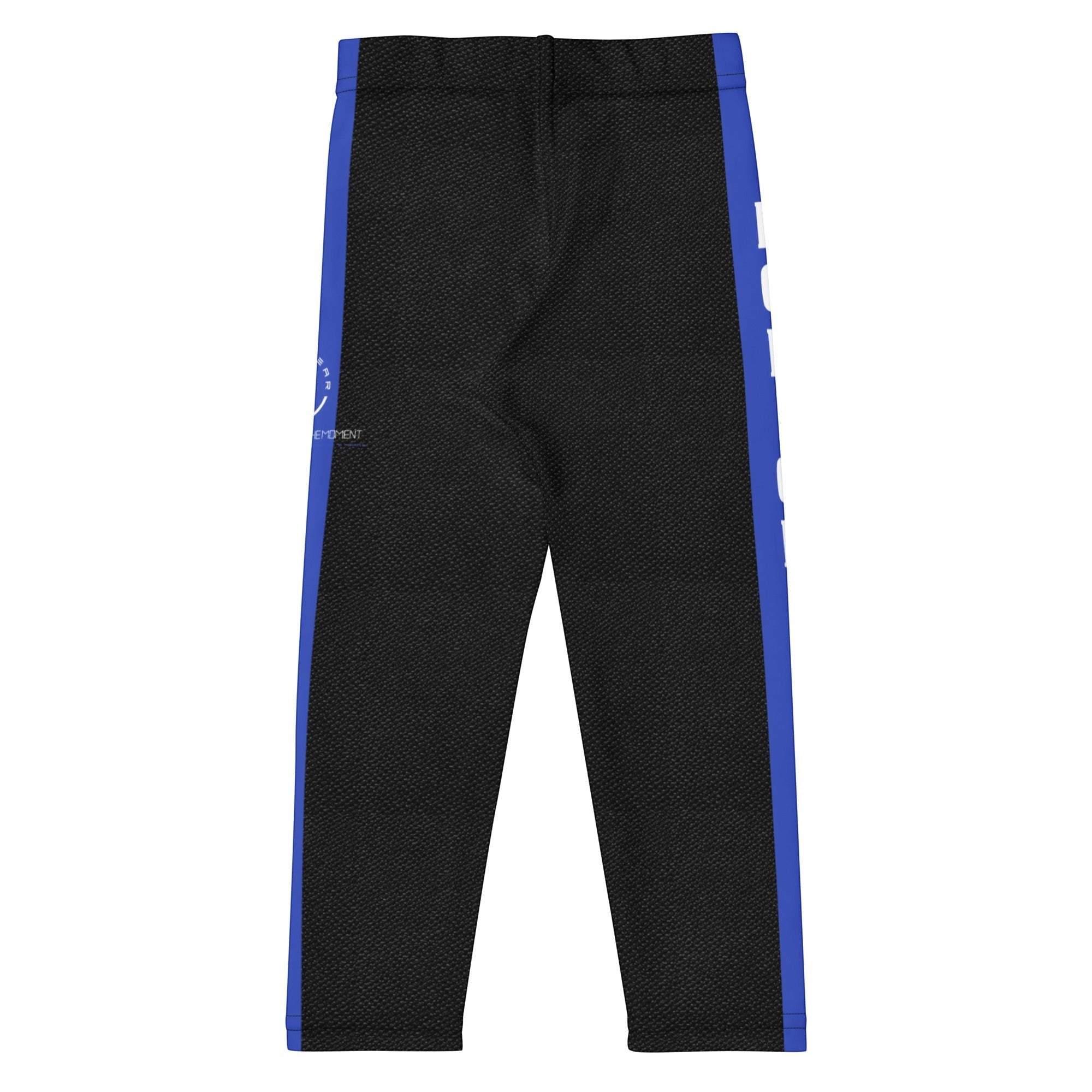 Roll Gear kids black compression spats with blue thin line panels, made of polyester and spandex for athletic training.