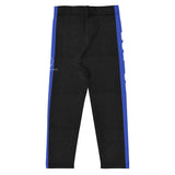 Roll Gear kids black compression spats with blue thin line panels, made of polyester and spandex for athletic training.