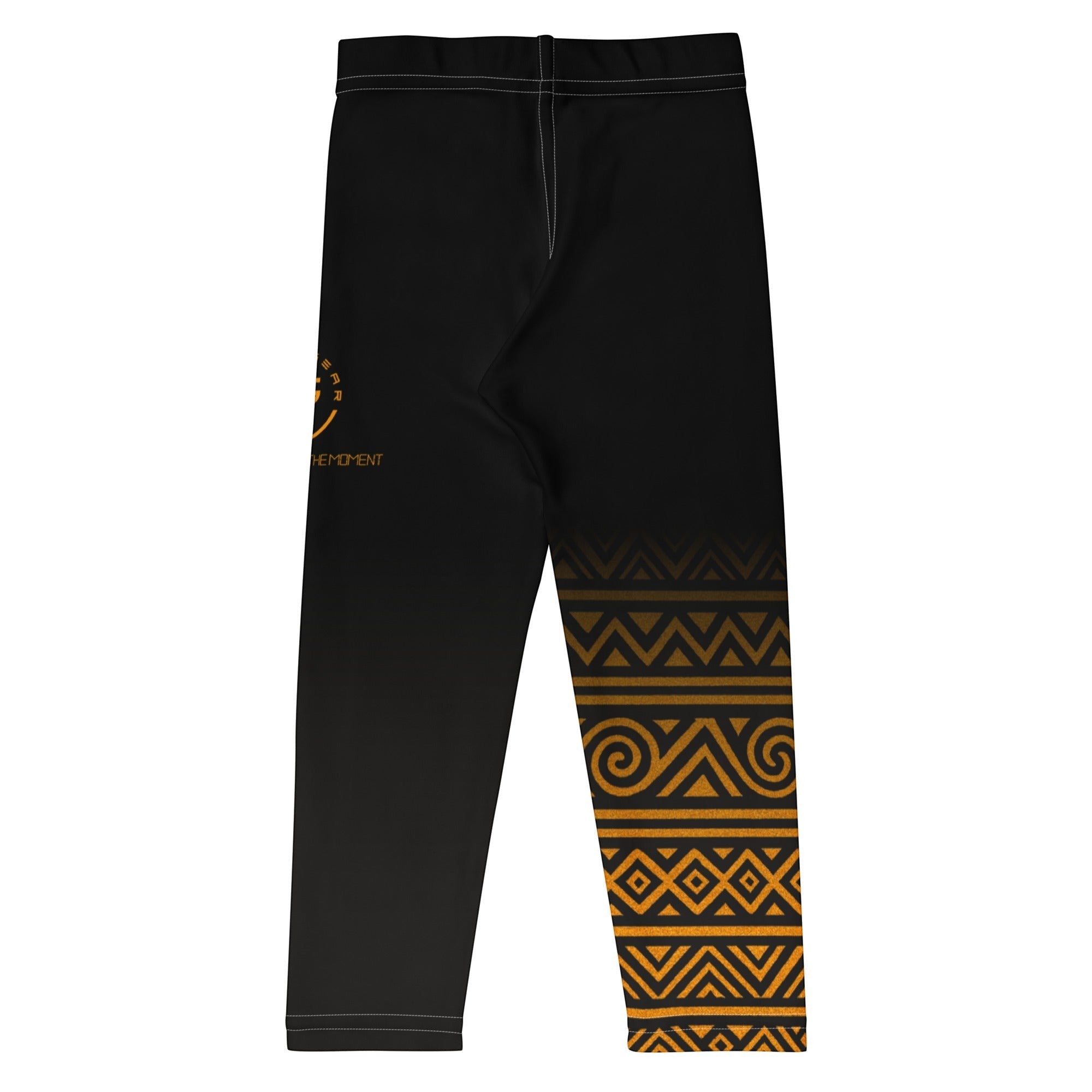Roll Gear Lion's Pride Kids BJJ Spats – Black & Gold, flat front view, tribal print.