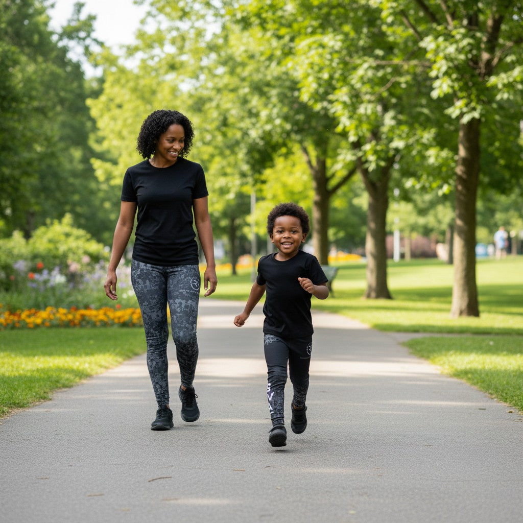 Roll Gear Kids SWAT Compression Spats, woman and child walking in a park.
