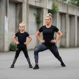 Roll Gear black and urban fade tactical leggings with SWAT graphics. Four-way stretch polyester-spandex blend.
