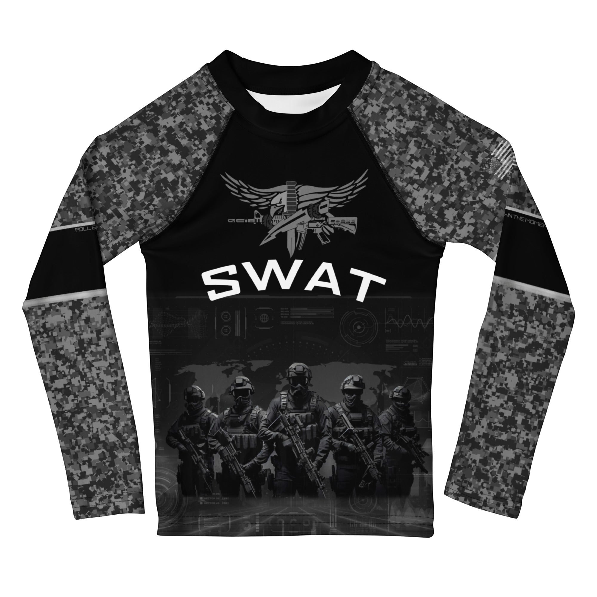 Roll Gear Kids SWAT Edition Long Sleeve Rash Guard, flat front view, SWAT graphic.