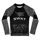 Roll Gear Kids SWAT Edition Long Sleeve Rash Guard, flat front view, SWAT graphic.